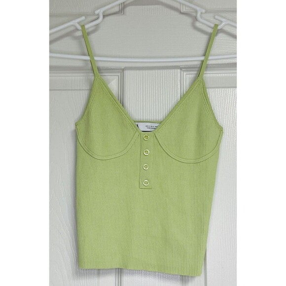Zara Ribbed Tank Top Cami Size Small Lime Green Spaghetti Strap Faux Buttons - Picture 1 of 4